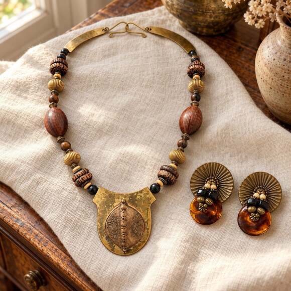 Boho Jewelry - Handmade Brass Wood Statement Necklace Clip Earrings Set Boho Artisan Pendant